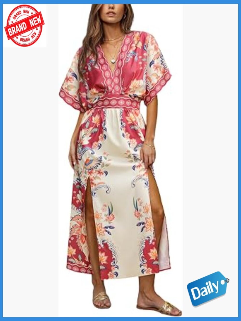 Tropical Floral Maxi Dress V Neck Short Sleeve Smocked Side Slit Summer Beach